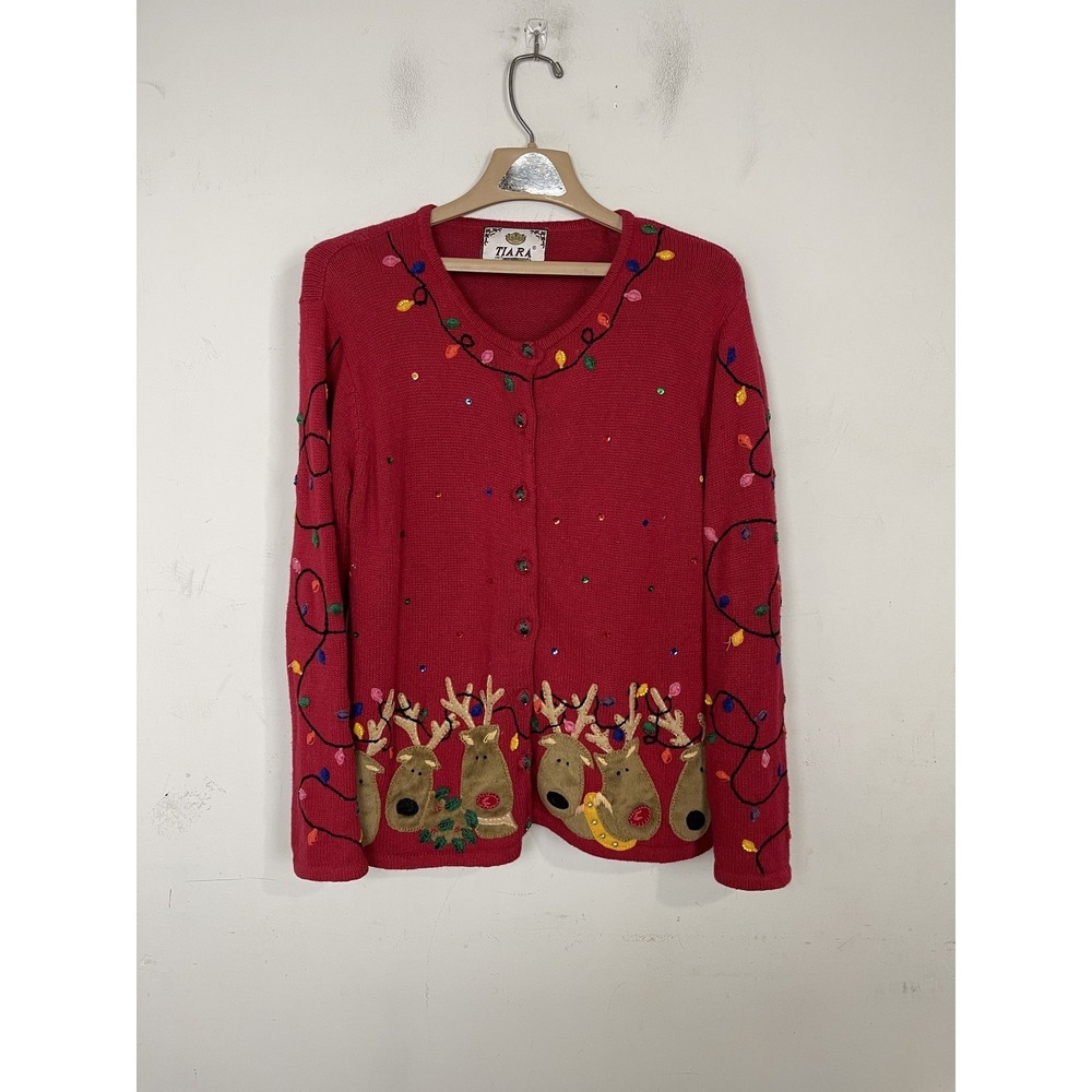 Tiara International Womens Cardigan Ugly  Sweater Small Red Christmas Reindeer